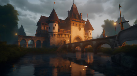 Castle on the bridge over the river at night. 3D renderingの素材