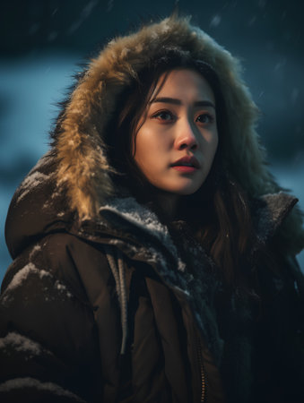 Beautiful young woman in winter coat with fur hood standing in snowy forest.の素材