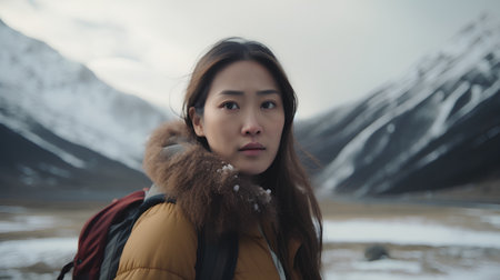 Beautiful asian woman with backpack and snow in winter season.の素材