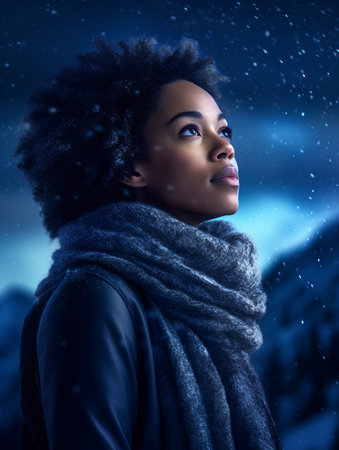 Young african american woman in winter landscape with snowfall.の素材