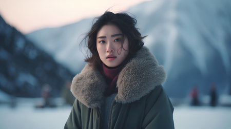Portrait of a beautiful asian woman in winter clothes with snow mountain backgroundの素材