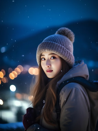 Portrait of a beautiful young woman in winter hat and coat.の素材