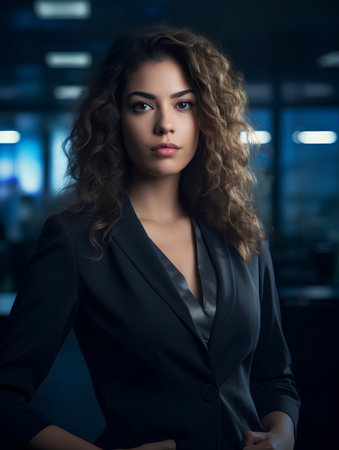 Portrait of beautiful young business woman with curly hair in black suitの素材