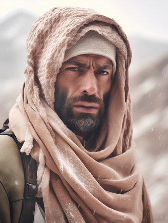 Portrait of a man with a beard in a brown shawl.の素材