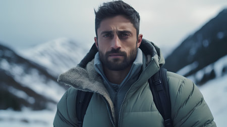 Portrait of a handsome bearded man in a green jacket on the background of snowy mountainsの素材