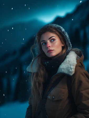 Beautiful young woman in snowy mountains at night. Winter fashion.の素材