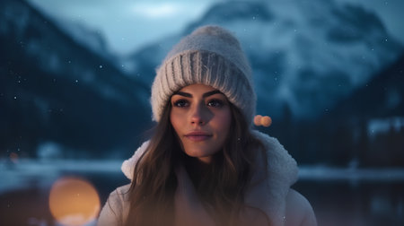 Winter portrait of young beautiful woman in hat and scarf over snowy mountains backgroundの素材
