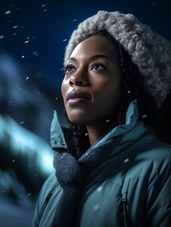 Beautiful african american woman wearing winter clothes in the snowの素材