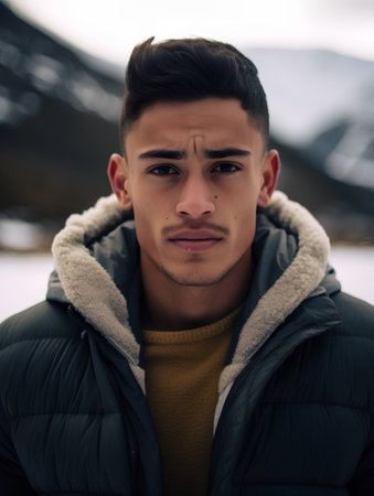 Portrait of a young handsome man in winter jacket, outdoor.の素材