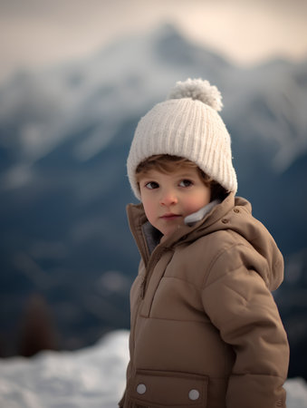 Portrait of a cute little boy in winter clothes on the background of mountainsの素材