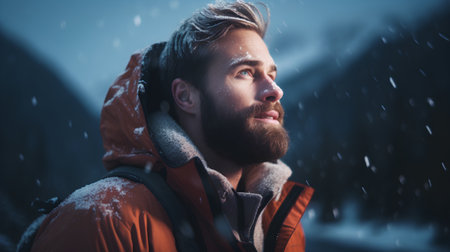 Handsome young man with a beard and moustache in an orange jacket with a backpack is standing under the snowfall.の素材