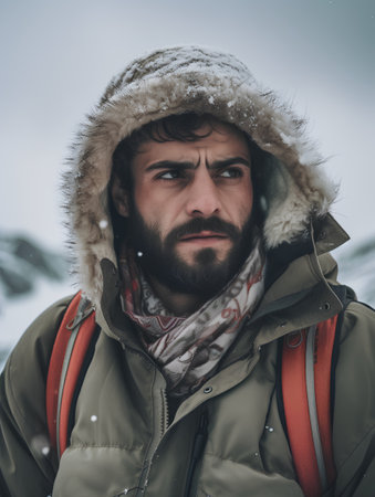 Portrait of a handsome bearded man with a red backpack in the snowy mountainsの素材