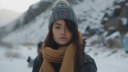 Portrait of a beautiful young woman in winter clothes in the mountainsの素材