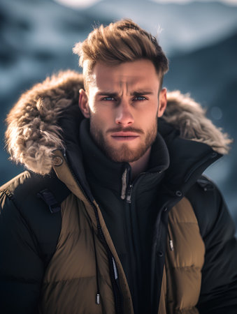 Outdoor portrait of handsome young man in winter jacket looking away.の素材