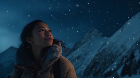 Beautiful asian woman in winter mountains at night with snowfallの素材