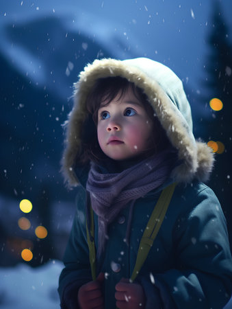 Cute little boy in winter clothes at night in snowy city.の素材