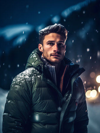Portrait of a handsome young man in winter jacket. Winter fashion.の素材