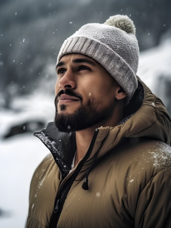 Portrait of a bearded man in a warm jacket and a knitted hat against a snowy landscapeの素材