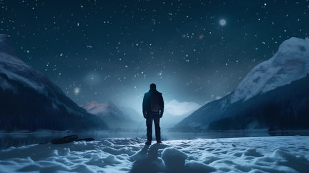 Man standing on the snow and looking at the snowy mountains at nightの素材