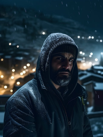 Portrait of a bearded man in winter clothes against the background of the night cityの素材