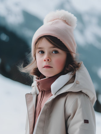 Portrait of a cute little girl in a beige coat on the background of the mountainsの素材