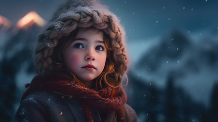 Portrait of a beautiful little girl on a background of winter mountains.の素材