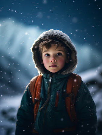 Little boy with backpack and snowflakes in winter forest at nightの素材
