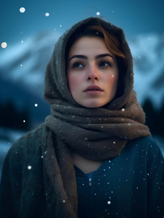 Portrait of a beautiful young woman in the winter in the mountainsの素材
