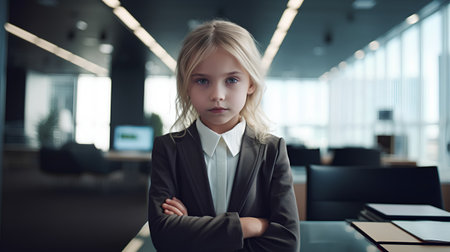 Serious young businesswoman looking at camera while standing in modern officeの素材
