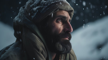portrait of a man with a long beard and mustache in the rainの素材