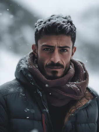 Portrait of a handsome young man with a beard and mustache in a coat and scarf on a snowy winter dayの素材