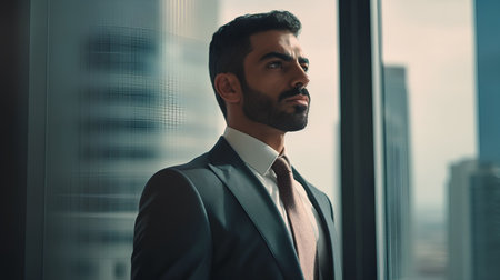 Portrait of a handsome young businessman in suit looking away while standing in officeの素材