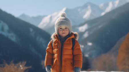 Little boy in an orange jacket and hat on the background of snowy mountainsの素材