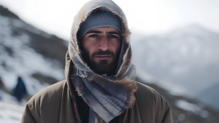 Portrait of a young man in the mountains in wintertime.の素材