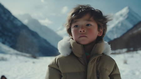 Portrait of a little boy on the background of snowy mountains.の素材