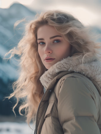 Portrait of a beautiful young woman with blond curly hair outdoors in winterの素材