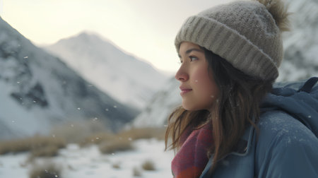 Beautiful asian woman in winter season. She is wearing a hat and scarf.の素材