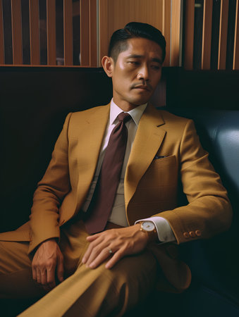 young asian businessman in suit sitting in armchair and looking awayの素材