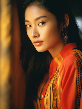 young pretty asian woman in sari close up, fashion lookの素材