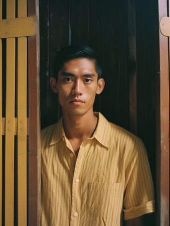 Portrait of handsome asian man in yellow shirt looking at cameraの素材