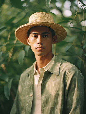 Portrait of a young asian man wearing a straw hat and a green shirtの素材