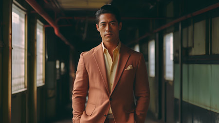 Portrait of a handsome asian man in a suit standing in an officeの素材