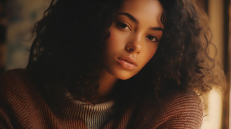 Beautiful young african american woman with curly hair at home.の素材