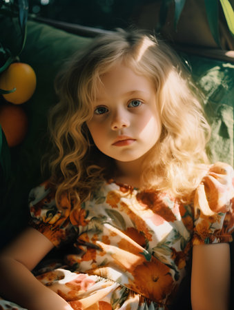 Portrait of a beautiful little girl with long blond hair in a floral dress.の素材