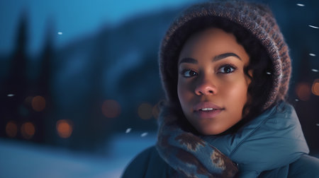 Beautiful african american woman in winter clothes looking at cameraの素材