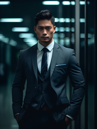 Portrait of a handsome asian business man in black suit.の素材