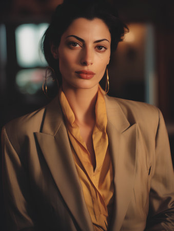 Portrait of a beautiful woman in a beige suit. Fashion shot.の素材