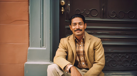 Portrait of a handsome Indian man in a brown jacket sitting on the stairsの素材