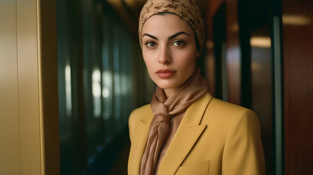 Portrait of a beautiful young muslim woman in a yellow suit and hijabの素材