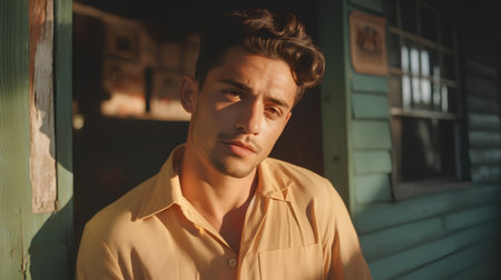 Portrait of a handsome young man in a yellow shirt. Men's beauty, fashion.の素材